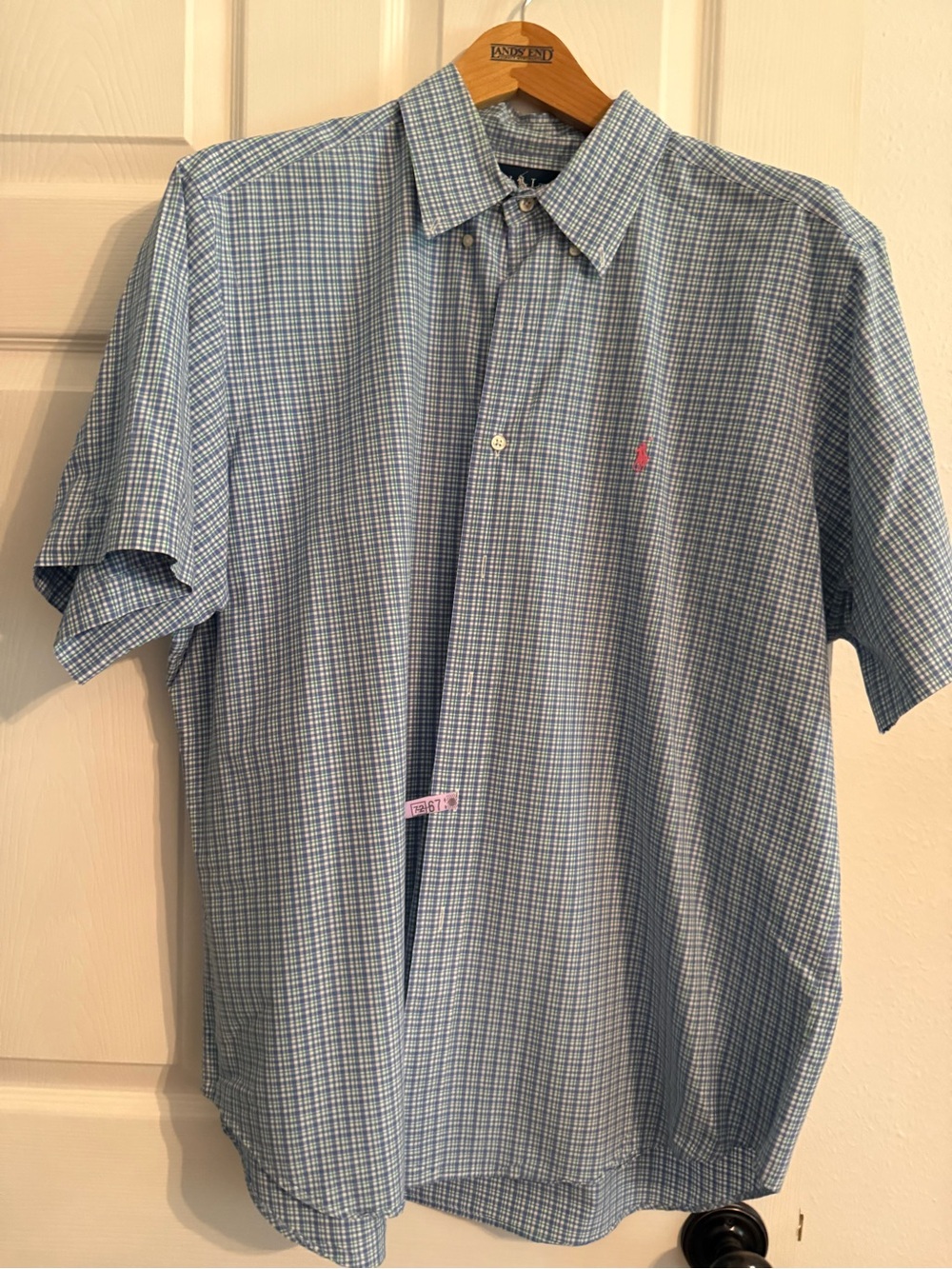 Men Polo by Ralph Lauren Light Blue Check Short-Sleeve Shirt XL
